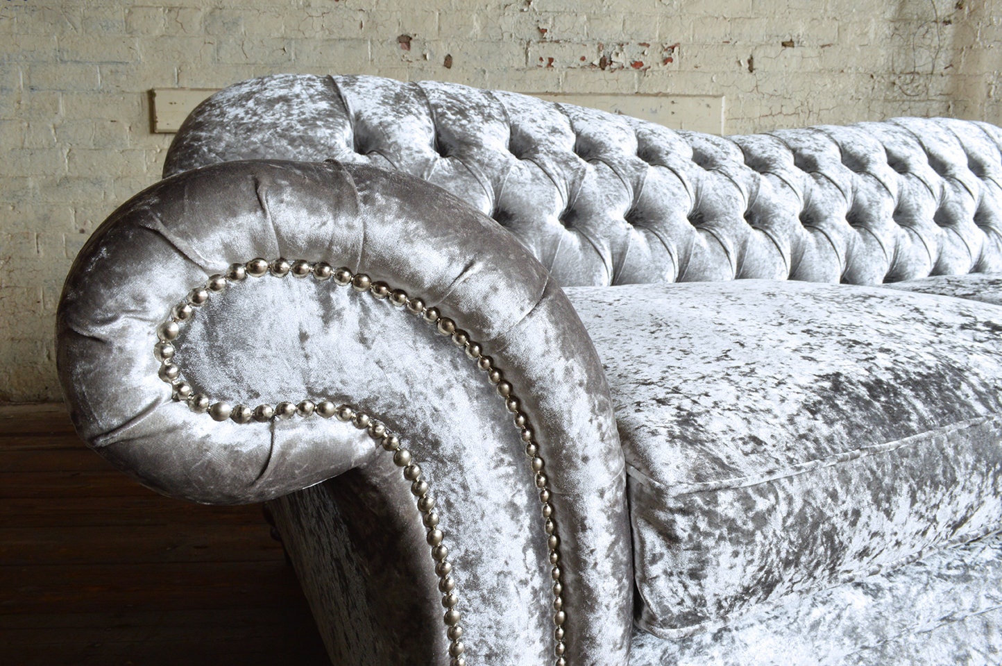 3 Seater Silver Crushed Velvet Chesterfield Sofa British Handmade Etsy