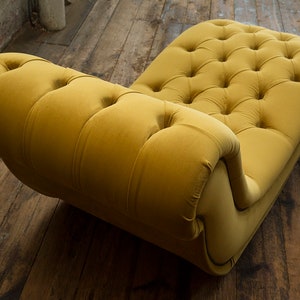 Mustard Velvet Fabric Chesterfield Chaise Lounge Chair, British Handmade image 4