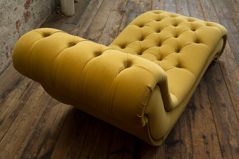 Mustard Velvet Fabric Chesterfield Chaise Lounge Chair, British Handmade image 4