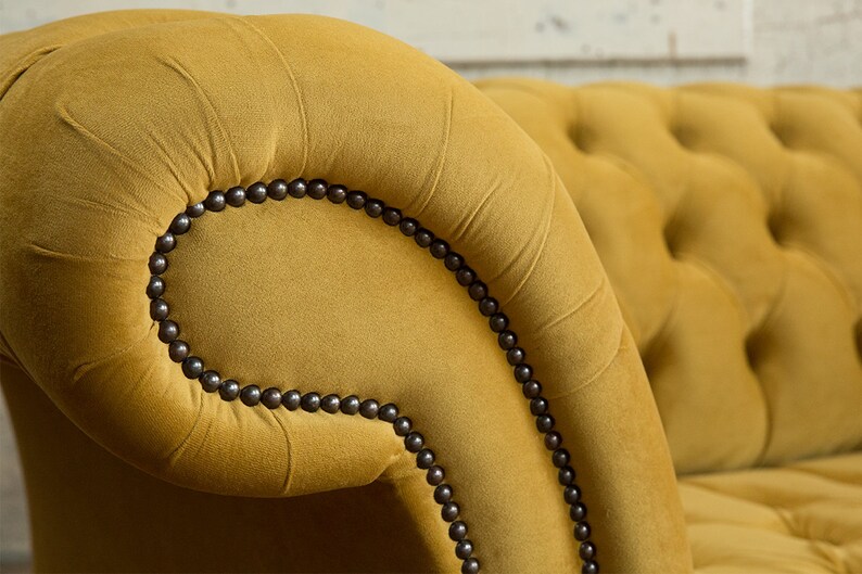 3 Seater Mustard Velvet Fabric Chesterfield Sofa, British Handmade ...