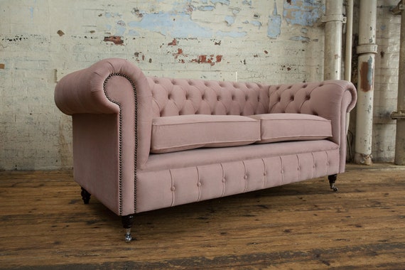 British Handmade 3 Seater Dusty Pink Velvet Fabric Chesterfield