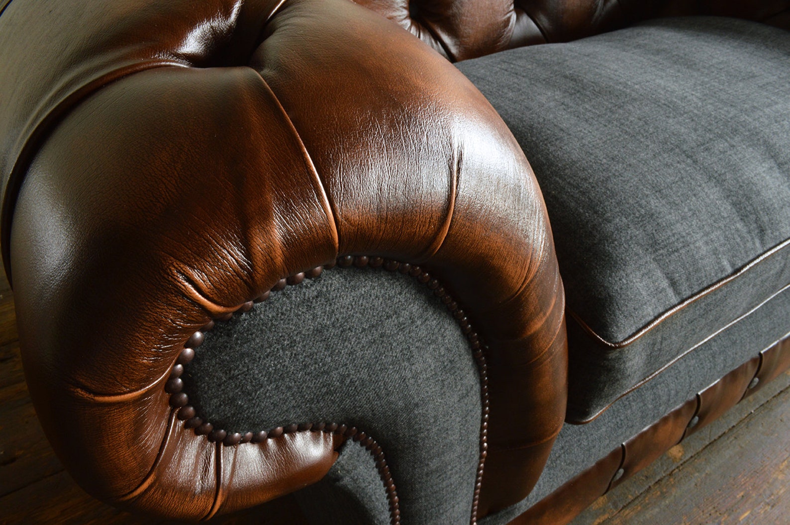 Chesterfield Snuggle Chair, Antique Tan Brown Leather & Dark Grey Wool ...