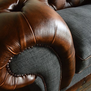 Chesterfield Snuggle Chair, Antique Tan Brown Leather & Dark Grey Wool ...