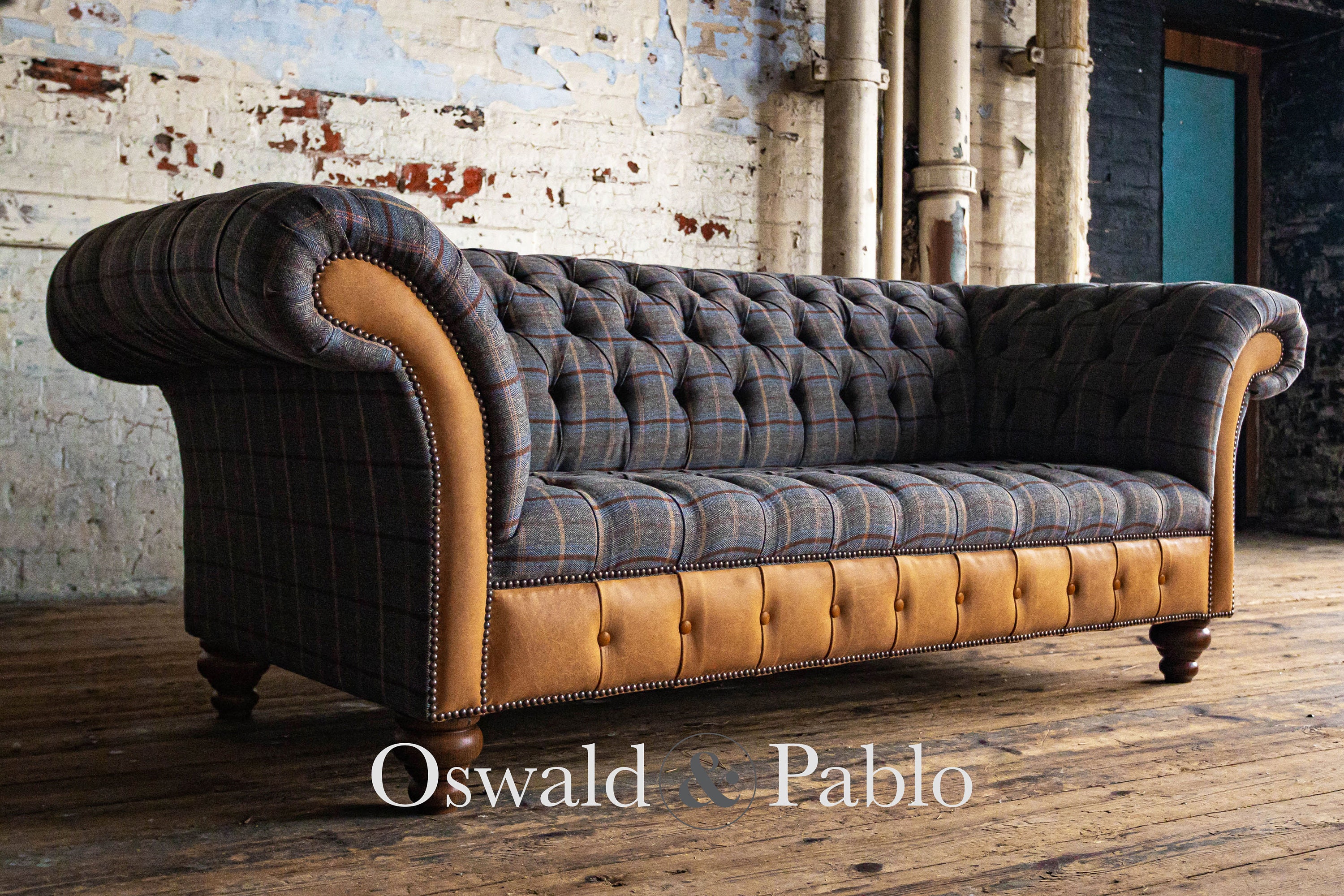 3 Seater Tan Brown Tweed Fabric Chesterfield Sofa Settee