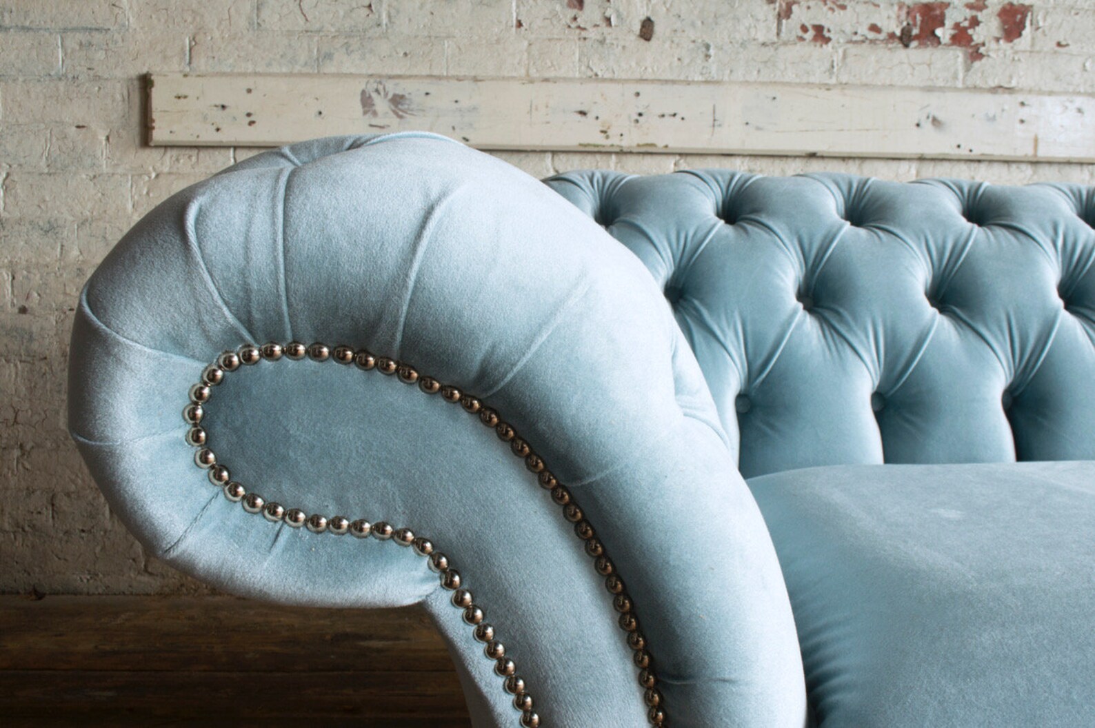 British Handmade 3 Seater Vintage Dusty Blue Velvet Chesterfield Sofa ...