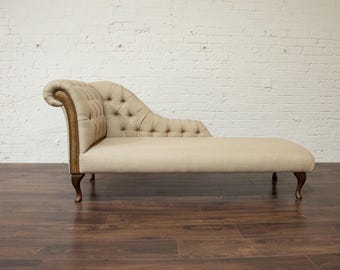 British Handmade Biscuit Herringbone Wool Fabric Chesterfield Chaise Lounge