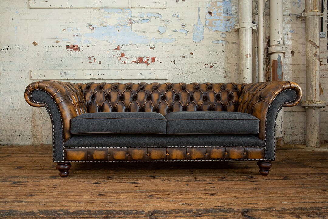 Handmade 3 Seater Antique Tan Leather Chesterfield Sofa & Dark Grey ...