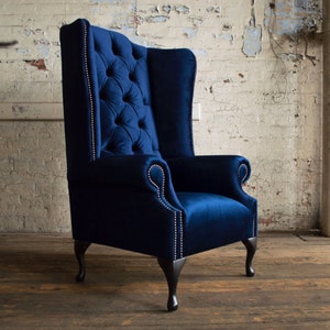 Plush Navy Velvet Chesterfield High Back Wing Chair British