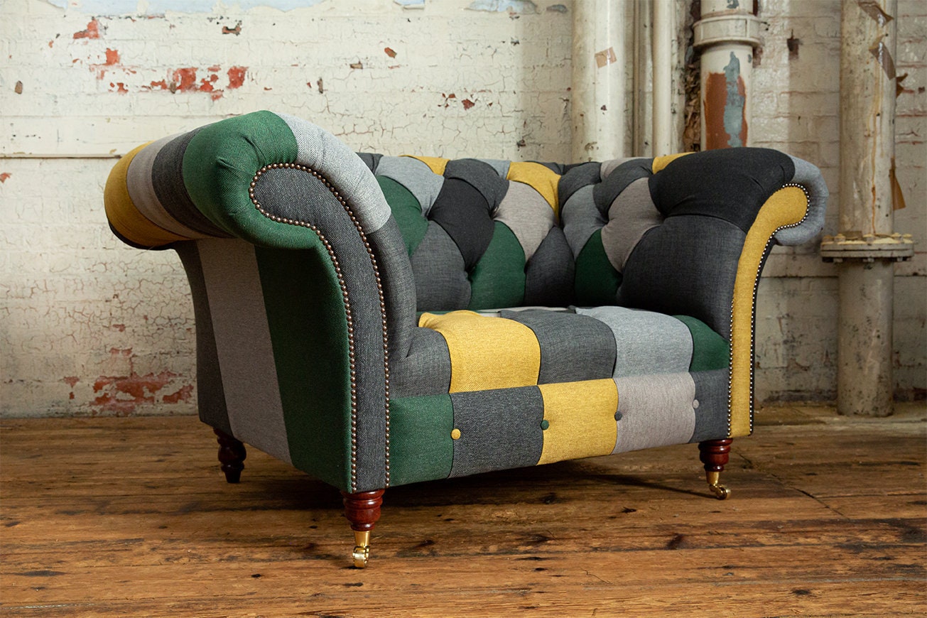 Unique British Handmade 1.5 Seater Patchwork Chesterfield Armchair