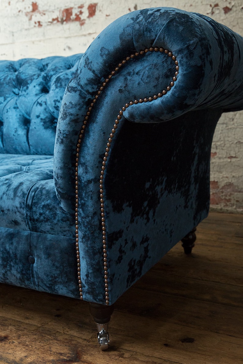 British Handmade Navy Blue Crushed Velvet 3 Seater Chesterfield Sofa ...