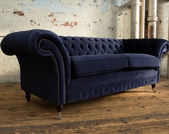 British Handmade 3 Seater Navy Blue Stain Resistant Durable Velvet Fabric Chesterfield Sofa