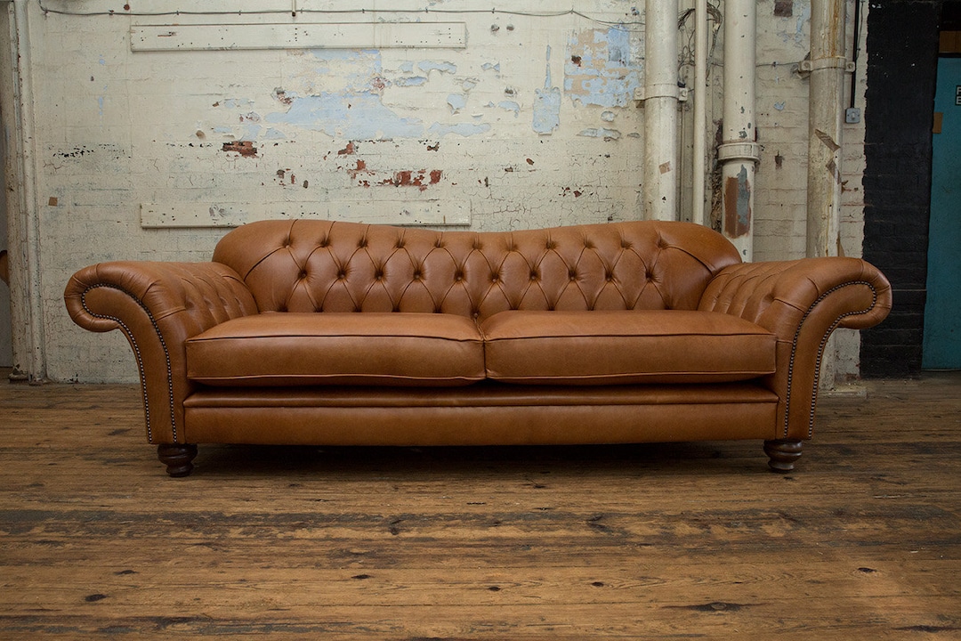 3 Seater Vintage Tan Leather Chesterfield Sofa, British Handmade, Large ...