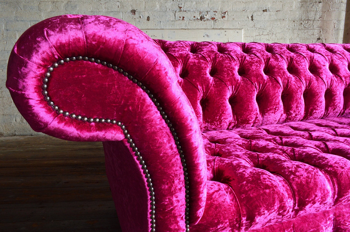 3 Seater Fuchsia Pink Crushed Velvet Fabric Chesterfield Sofa, British  Handmade Furniture 