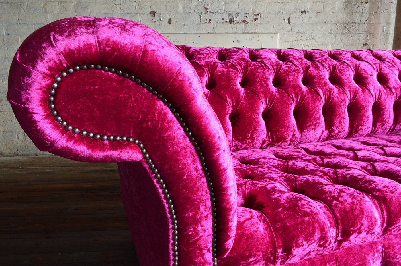 3 Seater Fuchsia Pink Crushed Velvet Fabric Chesterfield Sofa, British  Handmade Furniture 