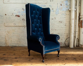 Tall Navy Blue Velvet Chesterfield High Back Wing Chair, British Handmade