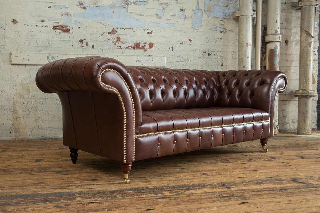 3 Seater Dark Brown Leather Chesterfield Sofa, British Handmade - Etsy