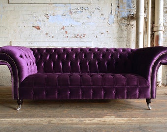 Purple Velvet 3 Seater Chesterfield Sofa, British Handmade