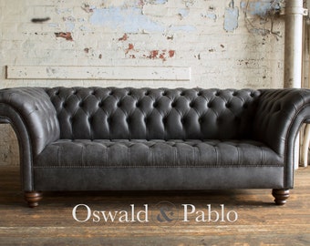 3 Seater Slate Grey Vegan Friendly & Eco Friendly Leather Chesterfield Sofa - Other Sizes +