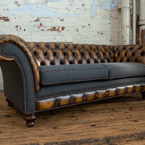 Handmade 3 Seater Antique Tan Leather Chesterfield Sofa & Dark Grey ...