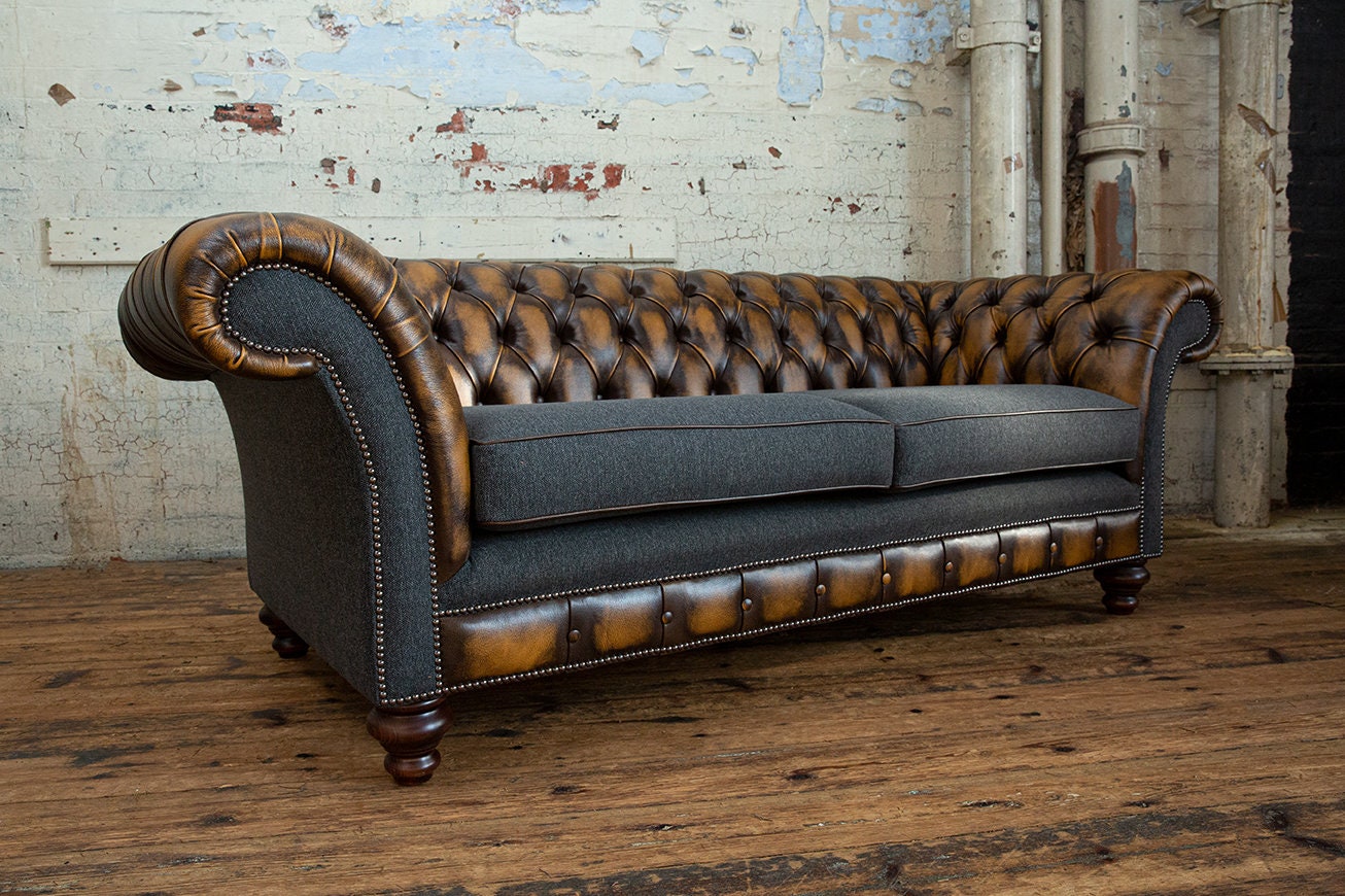Handmade 3 Seater Antique Tan Leather Chesterfield Sofa & Dark Grey ...