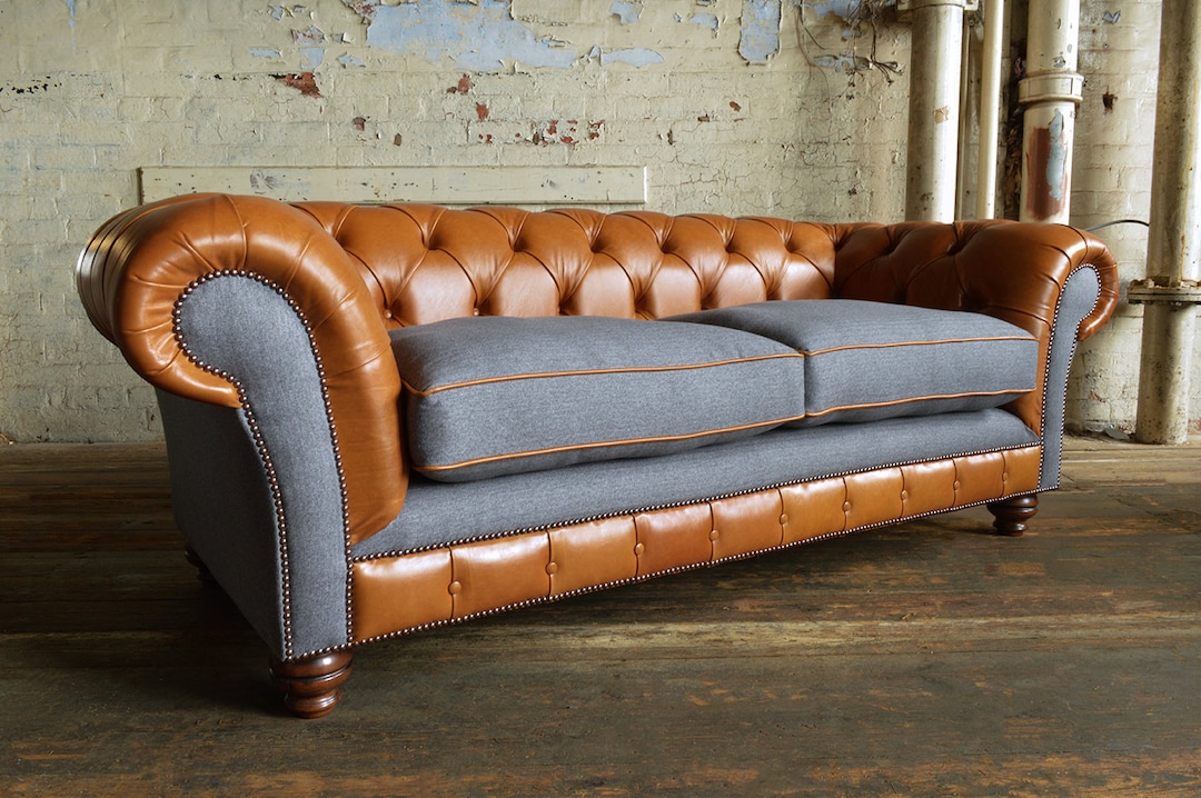 British Handmade Vintage Tan Leather & Grey Wool 3 Seater Chesterfield ...