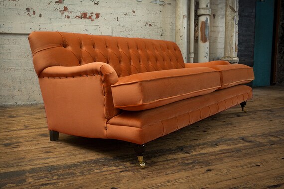 3 Seater Orange Velvet Fabric Chesterfield Sofa British Handmade