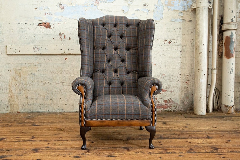 British Handmade Tan Brown Herringbone Tweed with Antique Tan Leather High Back Wing Chair image 2