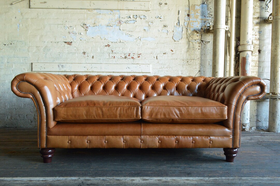 British Handmade 3 Seater Vintage Tan Brown Leather Chesterfield Sofa ...