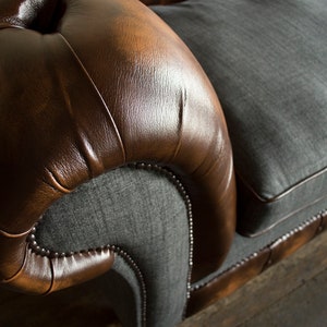 3 Seater Antique Tan Leather Chesterfield Sofa, Grey Wool, British ...