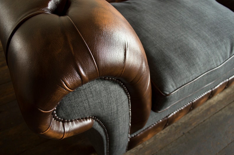 3 Seater Antique Tan Leather Chesterfield Sofa, Grey Wool, British ...