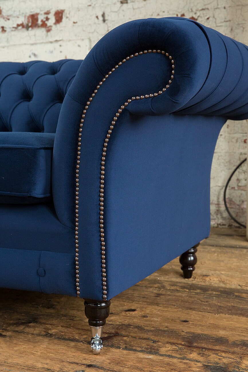 British Handmade 3 Seater Navy Blue Velvet Chesterfield Sofa - Split ...