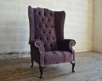 British Handmade Aubergine Textured Velvet Chesterfield High Back Wing Chair