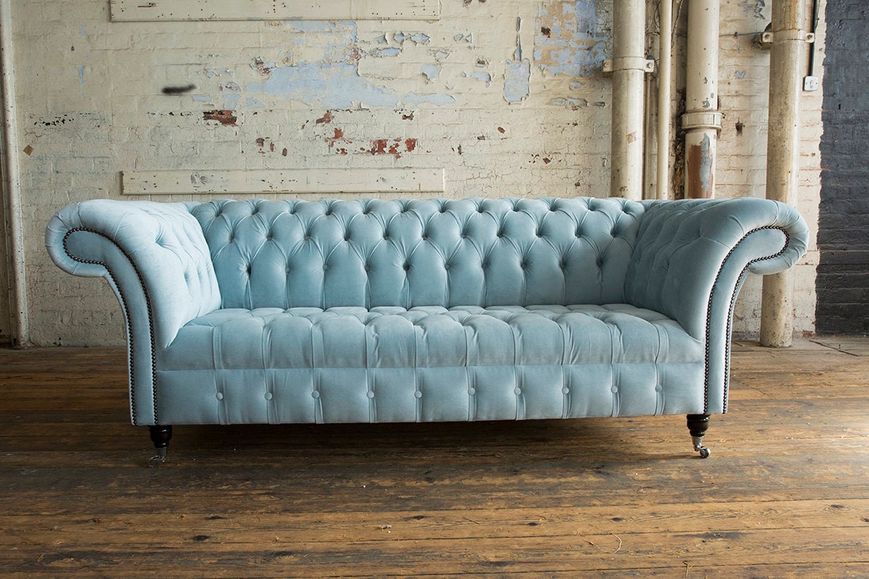 British Handmade Dusty Blue Velvet 3 Seater Chesterfield Sofa - Etsy UK