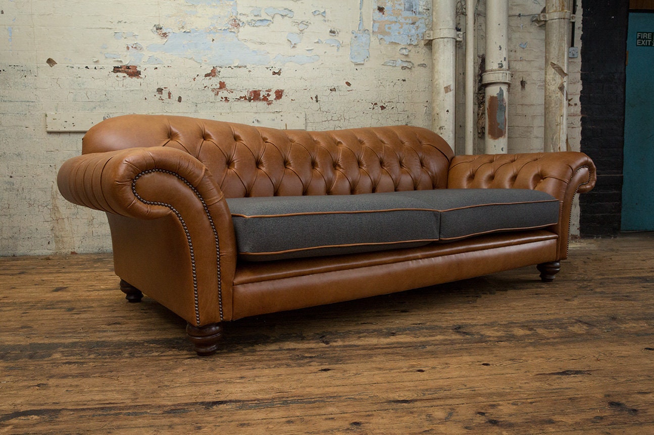 3 Seater Vintage Tan Leather Chesterfield Sofa, Dark Grey Wool, British ...