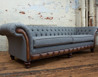 British Handmade 4 Seater Iron Grey Herringbone Wool & Antique Tan Leather 4 Chesterfield Sofa