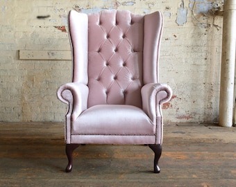 British Handmade Dusty Pink Velvet Chesterfield High Back Wing Chair