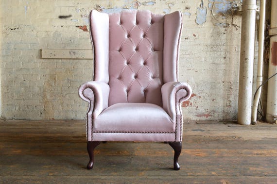 British Handmade Dusty Pink Velvet Chesterfield High Back Wing