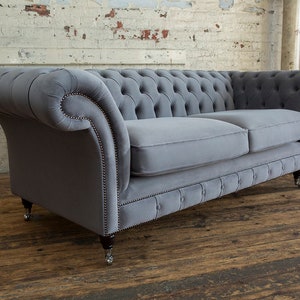 British Handmade 3 Seater Platinum Grey Velvet Fabric Chesterfield Sofa ...