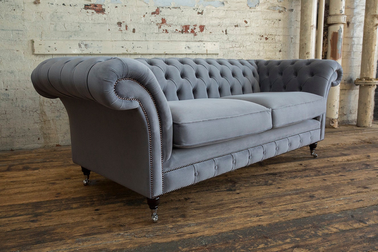 British Handmade 3 Seater Platinum Grey Velvet Fabric Chesterfield Sofa ...