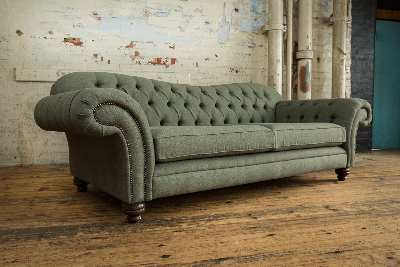 British Handmade 3 Seater Khaki Green Herringbone Wool Etsy