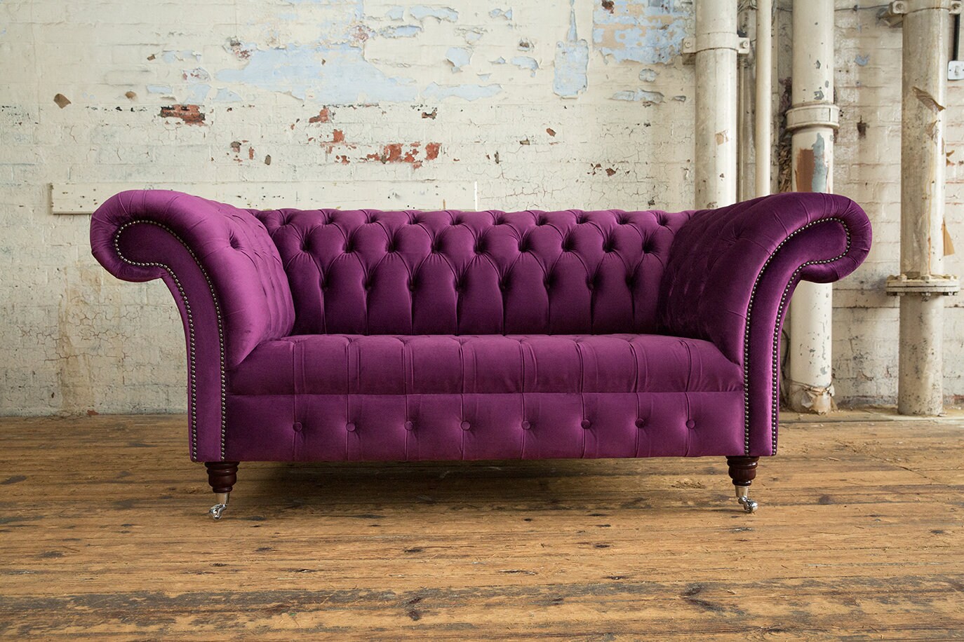 British Handmade Grape Purple Velvet 2 Seater Chesterfield Sofa