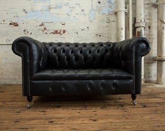 2 Seater Vintage Black Leather Chesterfield Sofa, British Handmade