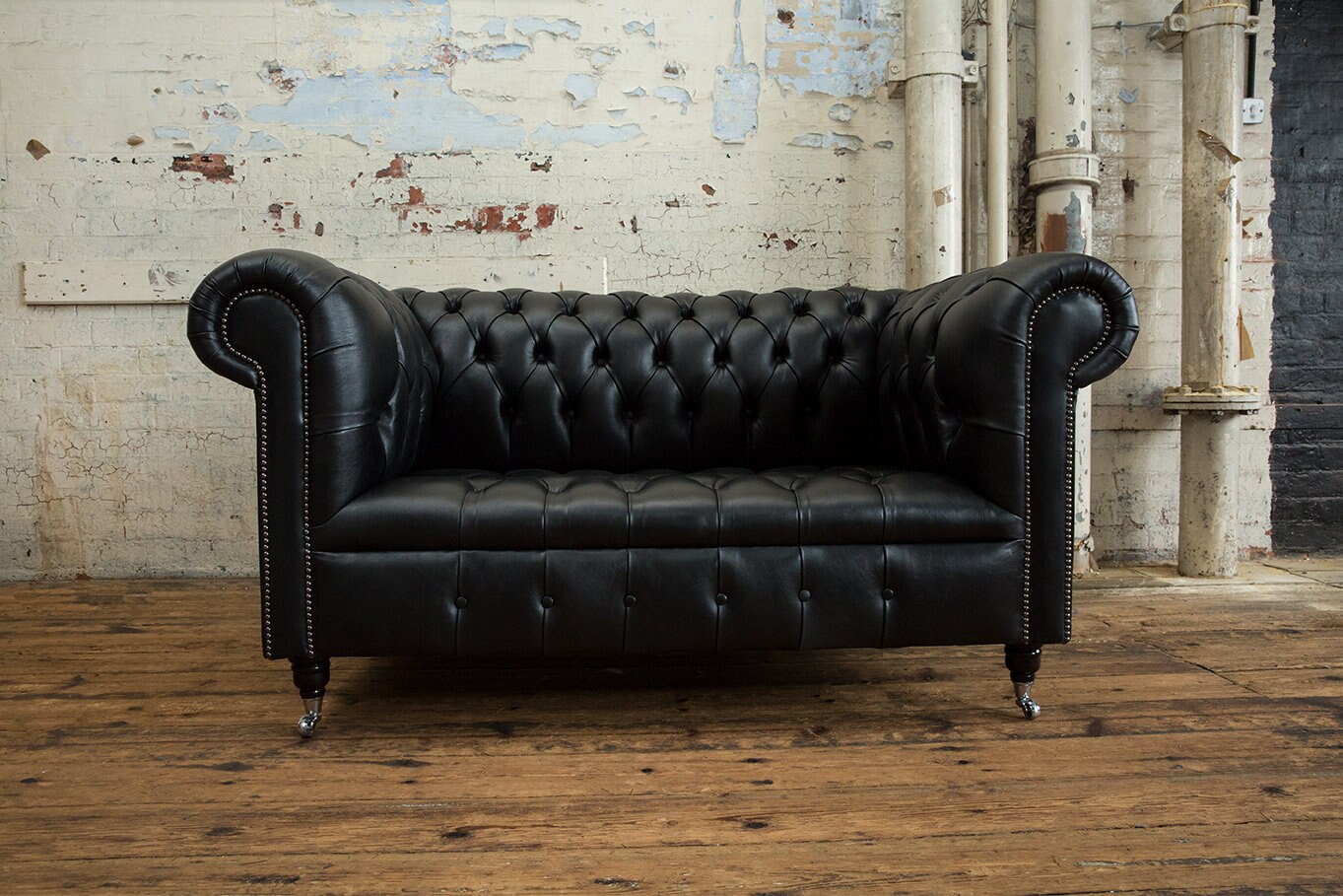 2 Seater Vintage Black Leather Chesterfield Sofa British Handmade