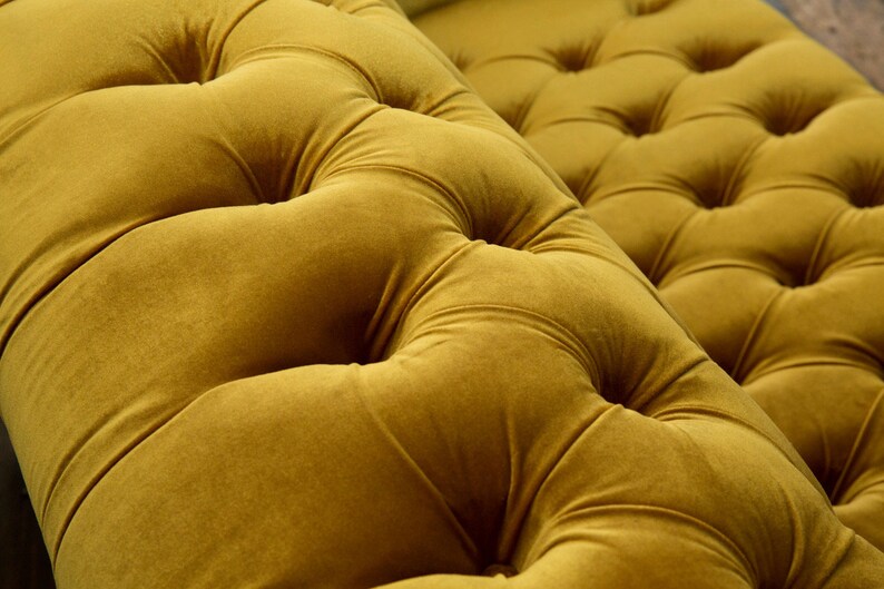 3 Seater Mustard Gold Velvet Fabric Chesterfield Sofa, British Handmade ...