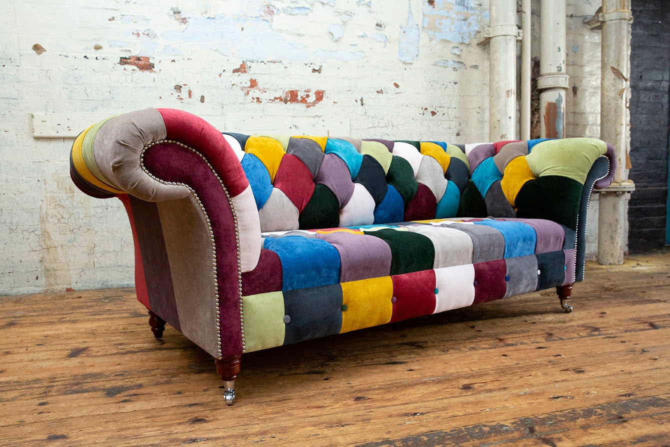 Unique British Handmade 3 Seater Patchwork Chesterfield Sofa