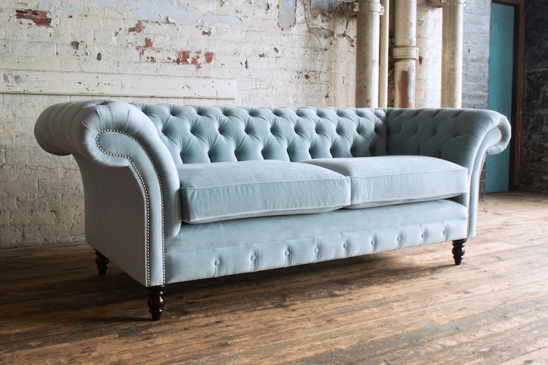 British Handmade Vintage Dusty Blue Velvet Chesterfield Sofa | Etsy