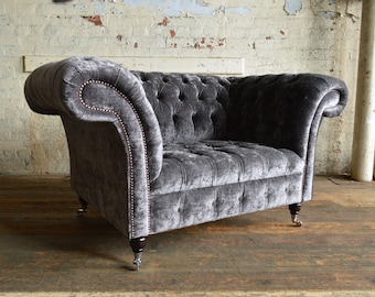 Luxury Grey Velvet Chesterfield Snuggle Chair, British Handmade