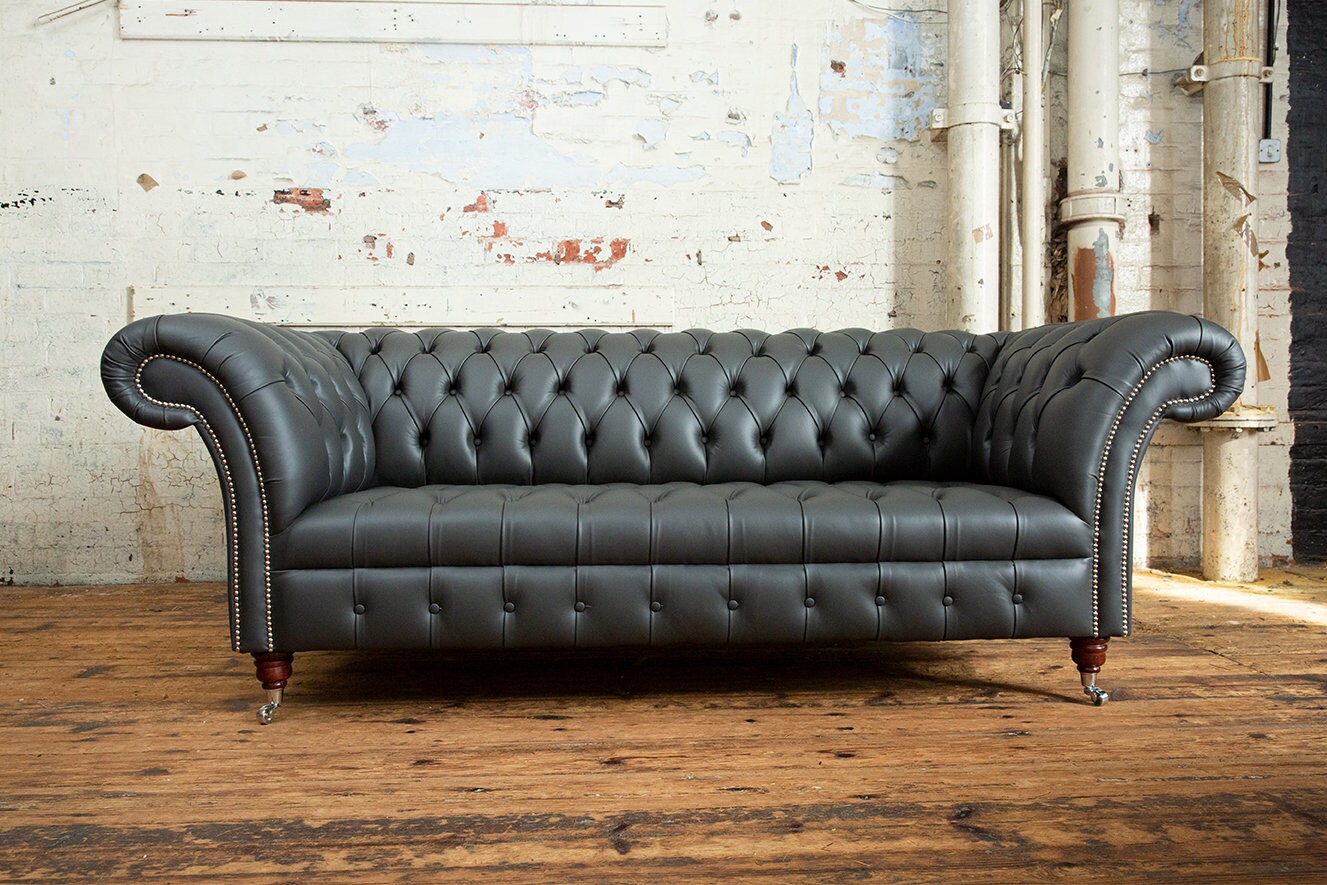 British Handmade 3 Seater Grey Steel Leather Chesterfield Sofa - Etsy UK