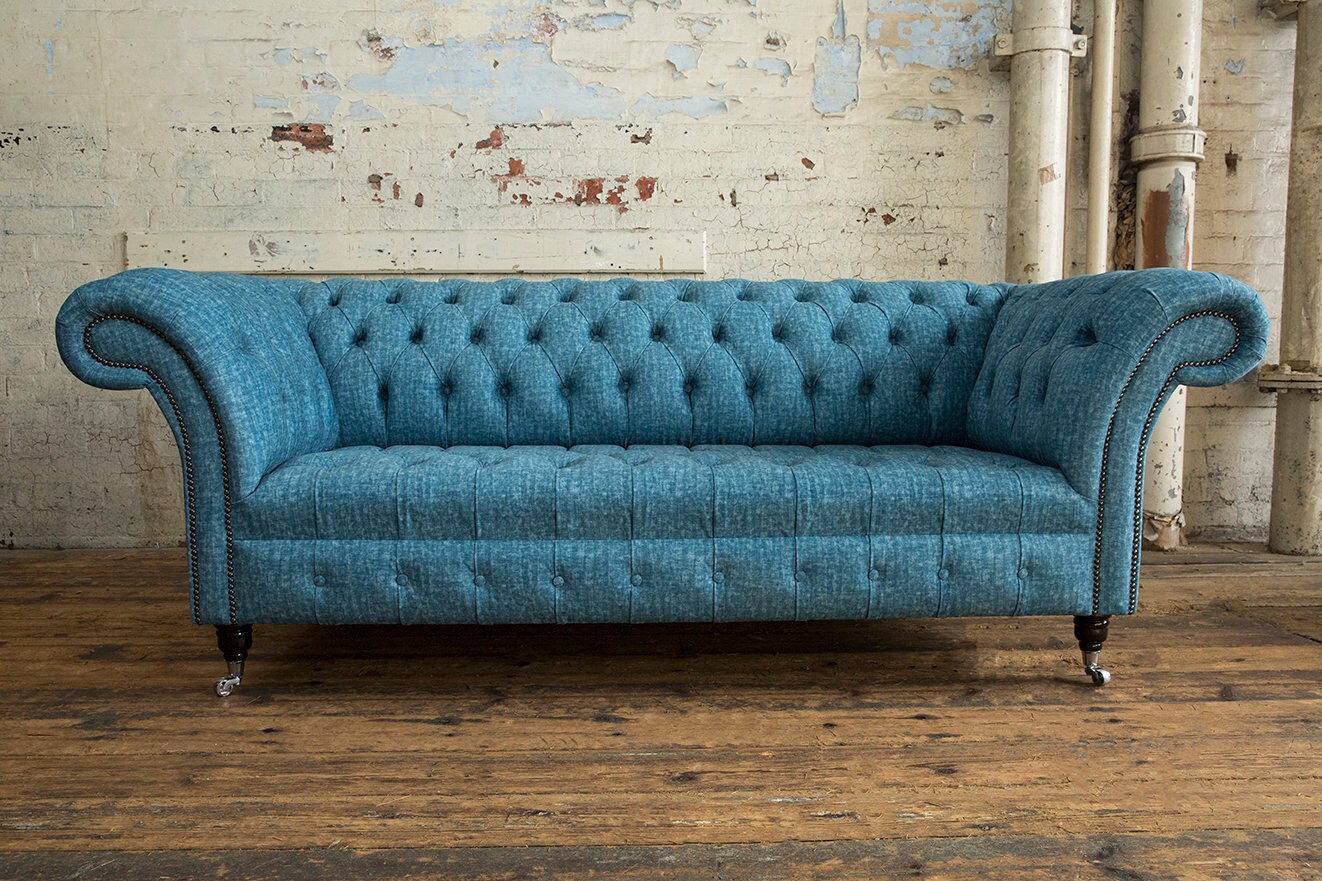 British Handmade Blue Distressed Velvet 3 Seater Chesterfield Sofa ...