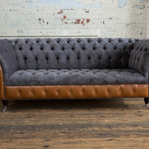 Handmade Large 3 Seater Slate Grey Velvet & Tan Brown Leather ...